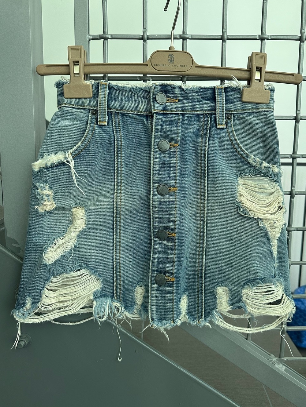 LF Carmar Distressed Blue Denim Button Front Mini Skirt with Frayed Hem Size 23